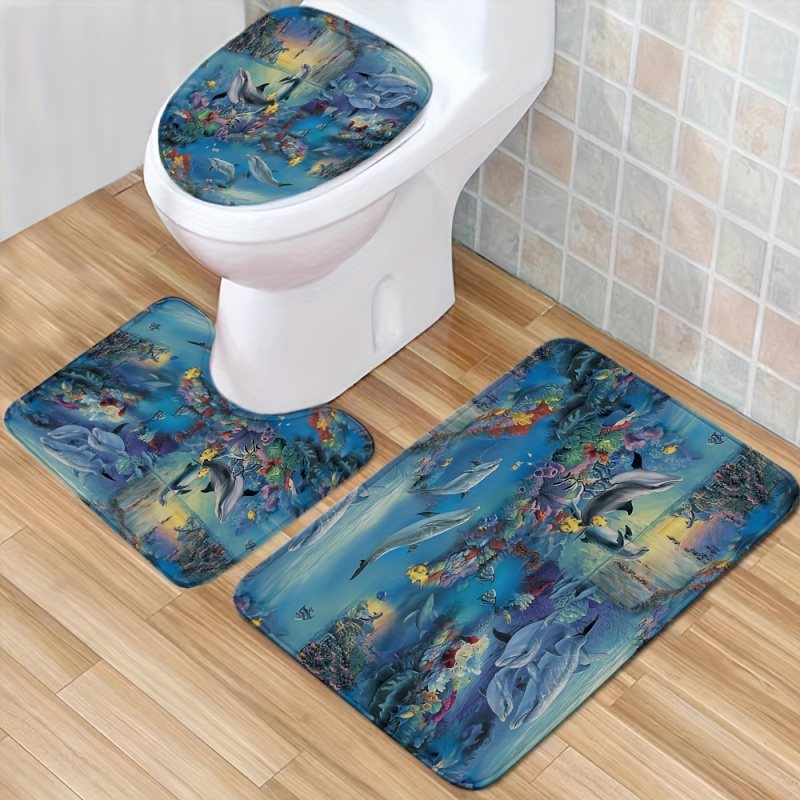 4pc 돌고래 패턴 목욕 매트, 수중 세계 인쇄 깔개, - Bamboo Bath Mat 리뷰 및 가격